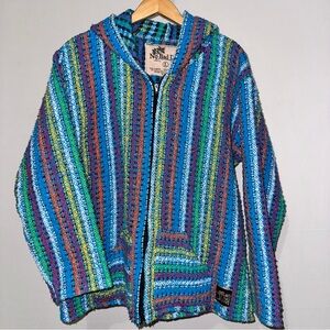 No Bad Days Multicolor Striped Full Zip Hoodie Sweater Jacket Acrylic Sz Lg Boho